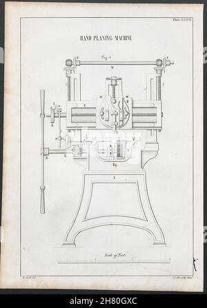 VIKTORIANISCHE TECHNIK ZEICHNUNG Hand Hobelmaschine. Abb. 1 1847 Alter Druck Stockfoto