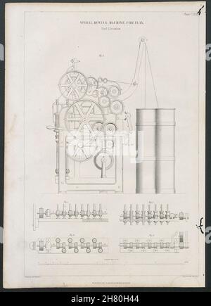 VIKTORIANISCHE KONSTRUKTIONSZEICHNUNG Spiralrovingmaschine für Flachs-Endhöhe 1847 Stockfoto