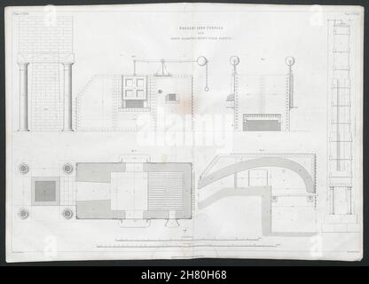19C technische Zeichnung Schmiedeeisen Ofen. Nasmyth patent Dampfhammer 1847 Stockfoto
