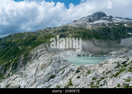 Berglandschaft mit der Quelle der Rhone, Oberwald, Wallis, Schweiz, Europa Stockfoto