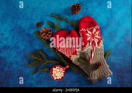 Gestrickte graue und rote Fäustlinge, Kiefernzweige und Becher mit winzigen Sumpfgebieten auf einer blauen Oberfläche Stockfoto