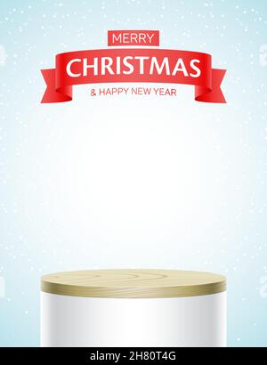 Werbevektorszene mit weißer Zylinderbühne, Weihnachtstext und leerem Platz für die Produktplatzierung. Stock Vektor
