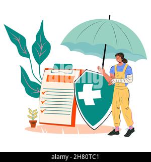 Krankenversicherung, ärztliche Verschreibung und Medikamente. Gesundheitskonzept für Versicherungsagentur und Pharmazie, flache Vektordarstellung isoliert auf Whi Stock Vektor