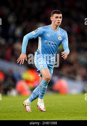 Datei-Foto vom 03-11-2021 von Phil Foden aus Manchester City während des Spiels der UEFA Champions League Group A im Etihad Stadium, Manchester. Manchester City Manager Pep Guardiola hofft, dass Jack Grealish und Phil Foden für den Kampf der Premier League am Sonntag mit West Ham zurückkehrt. Ausgabedatum: Freitag, 26. November 2021. Stockfoto