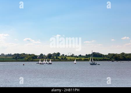 Woodbridge, Suffolk, Großbritannien Mai 29 2021: Ein lokaler Segelclub auf dem Fluss Deben übt an einem warnten sonnigen Sommertag Stockfoto