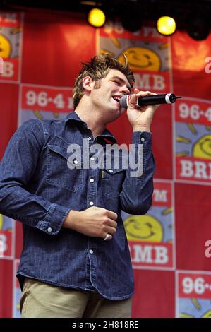 Westlife auf der Bühne bei der BRMB Birmingham Party im Park, die im Birmingham City Football Club, Birmingham, stattfand. 6th. Juli 2002. Stockfoto