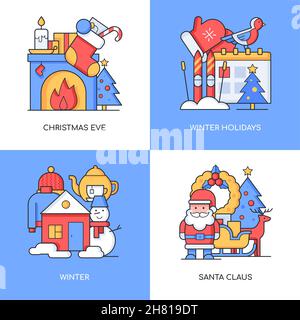 Frohe Weihnachten - Reihe von Linien Design Stil bunten Illustrationen. Blaue, rote und gelbe Bilder traditioneller Neujahrsdekorationen. Herd mit stocki Stock Vektor