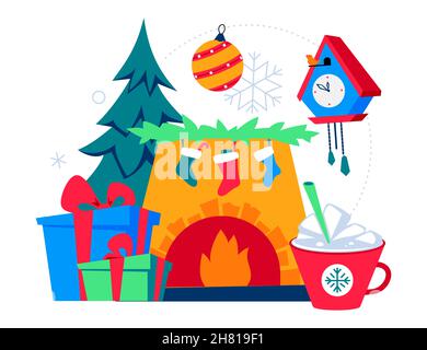 Weihnachtsherde - flache Design-Stil farbige Illustration. Traditionelle Neujahrsdekorationen. Kamin mit Strümpfen, Geschenk-Boxen, Tannenbaum, heißen ch Stock Vektor