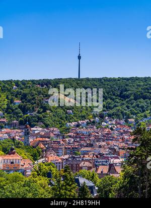 Luftaufnahme Stuttgart, Deutschland Stadtansicht mit von der Karlshöhe aus gesehen Stockfoto