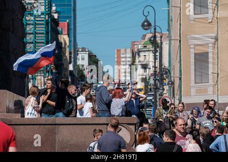 Wladiwostok, Russland - 9. September 2018: Eine politische Aktion gegen die Anhebung des Rentenalters, organisiert von Alexei Nawalny. Stockfoto