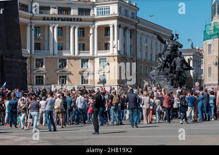 Wladiwostok, Russland - 9. September 2018: Eine politische Aktion gegen die Anhebung des Rentenalters, organisiert von Alexei Nawalny. Stockfoto