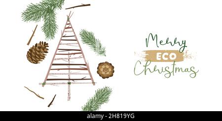 Fröhliche Eco Weihnachten Grußkarte Illustration, Kiefer aus natürlichen Winter Zweig Dekoration. Naturpflegekonzept für Feiertagsveranstaltung Stock Vektor