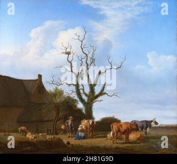 Ein Bauernhof mit einem toten Baum des niederländischen Künstlers Adriaen van de Velde (1636-1672), Öl auf Leinwand, 1658 Stockfoto