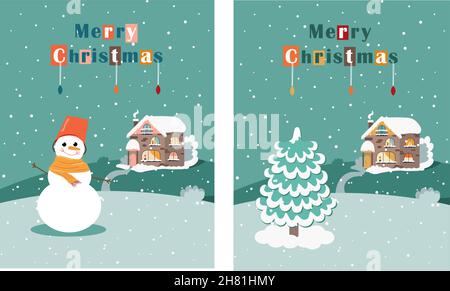 Set von Weihnachtskarten mit einem Schneemann und einem Neujahrsbaum. Weihnachtsfeiertage. Designillustrationen. Stock Vektor