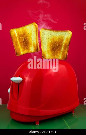 Roter Toaster knusprig frisches Brot Scheiben grüne Küchenfliesen. Frühstück Essen Levitation Concept.Morning Toast kreative Minimalismus Idee bunte Kochen BA Stockfoto