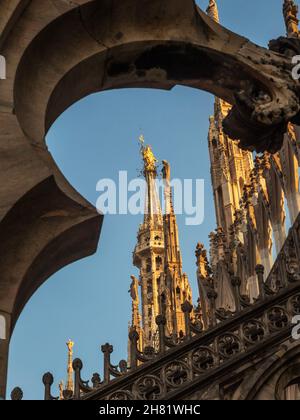 Mailand, Lombardei, Italien. Dezember 2019. Einige der 96 riesigen Steinstatuen auf den Wasserspeiern der Mailänder Kathedrale bei Sonnenuntergang. Stockfoto