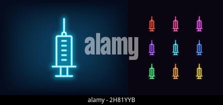 Symbol für umrissfarbene Neonspritze. Leuchtendes Neon-Injektionsschild, Impfpiktogramm in lebendigen Farben. Spritze mit Impfstoff, Medikamenteninjektion, medizinisch Stock Vektor