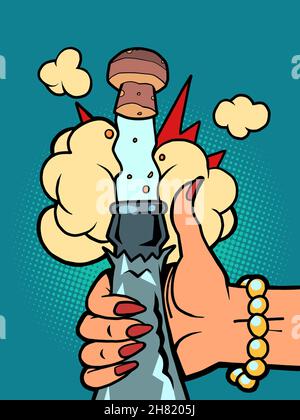 Eine Frau öffnet einen Sektkorken, eine Feier, einen Geburtstag, ein neues Jahr oder eine Hochzeit Stock Vektor