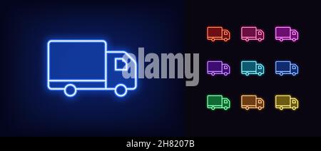 Umreißen Sie das Symbol des Neonfahrzeugs. Leuchtendes Neon-LKW-Schild, LKW-Piktogramm in lebendigen Farben. Bestellanlieferung, Frachttransport, LKW-Expressversand, frei Stock Vektor