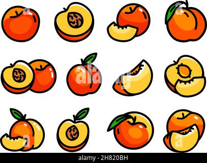 Symbole für flache Pfirsichfarben sind gesetzt. Satz von einfachen Vektor-Symbolen für das Webdesign auf weißem Hintergrund isoliert Stock Vektor
