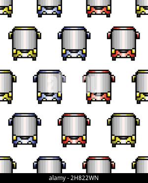 Pixel Art Stil Bus nahtlose Muster, bunte Vektor-Illustration. Bus Nahtloses Muster für Textil, Karte, Geschenkpapier und verschiedene Kids Staff Desi Stock Vektor