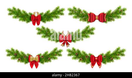 Set von Weihnachtskranz aus Tannenzweigen. Weihnachtsgirlande. Mit roter Schleife, Tannenzapfen, Schneeflocken und Zuckerrohr. 3D realistische Darstellung. Isolat Stock Vektor