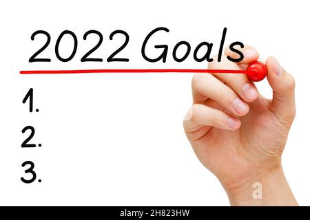 Leere Torlisten-Konzept für das neue Jahr 2022 isoliert auf weißem Hintergrund. Hand unterstreicht 2022 Tore mit rotem Marker auf transparentem Wipe Board. Stockfoto