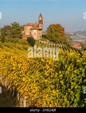 Wunderschöne herbstliche Landschaft in der Nähe von Barolo, in der Region Langhe im Piemont, Norditalien. Stockfoto