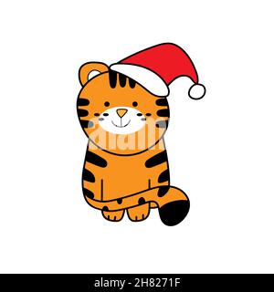 Niedliche Cartoon gestreifte Tiger . Lustige Baby Tiger in Santa Hut auf weißem Hintergrund für frohe Weihnachtskarte Stock Vektor