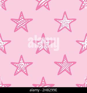 Handgezeichnetes, nahtloses rosa Muster mit Doodle-Sternen Stock Vektor