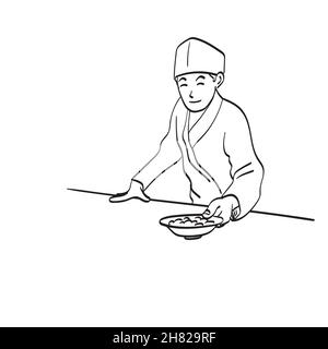 Männlicher japanischer Koch, der ein Gericht mit Illustrationen zum Essen serviert, isoliert auf weißem Hintergrund Stock Vektor