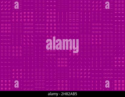 Ein violetter Hintergrund oder eine Textur mit vielen rosa Symbolen oder Symbolen Stockfoto