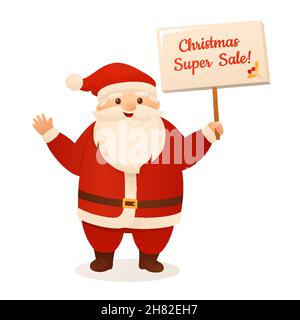 Weihnachtsmann hält Schild, Cartoon Weihnachten Grußkarte. Lustige Weihnachtsfigur und Bannerwerbung informiert über Verkauf. Neujahrsgratulation oder Postkarte, Präsentation Stock Vektor