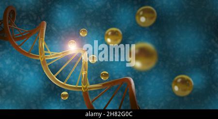 Goldene Tropfen Öl auf einen DNA-Strang. Kosmetisches Behandlungskonzept. 3D Abbildung. Stockfoto