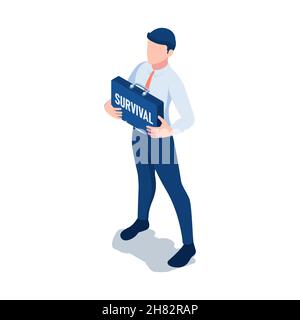 Flat 3D Isometric Geschäftsmann Holding Survival Business Bag. Business Survival-Konzept. Stock Vektor