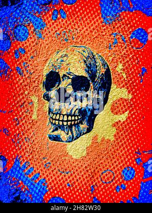 Pop Art Retro-Illustration. Schädelkopfskelett auf rotem und blauem Hintergrund. Stockfoto