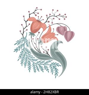 Zarte florale Komposition mit Tulpen, Beeren und Physalis. Vektor zarte natürliche Illustration mit einem Blumenstrauß und Ästen. Stock Vektor