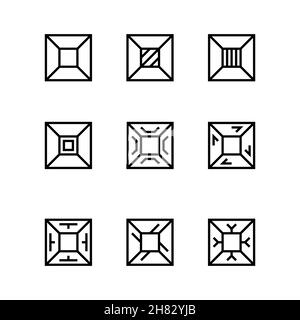 Satz quadratischer linearer Formen. Geometrische Figuren mit unterschiedlichen Mustern. Sammlung linearer rechteckiger Symbole. Minimalistische geometrische Designelemente Stock Vektor