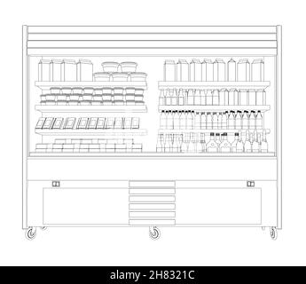 Umriss eines Ladenkühlschranks mit Flaschen und anderen Verpackungen aus schwarzen Linien auf weißem Hintergrund isoliert. Vorderansicht. Vektorgrafik. Stock Vektor