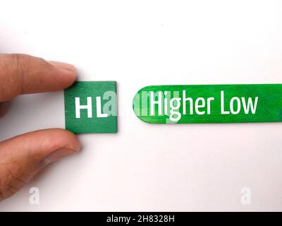 Farbige Eiscreme-Stick und Hand halten farbigen Würfel mit Text HL Higher Low auf einem weißen Hintergrund geschrieben.Business-Hintergrund. Stockfoto