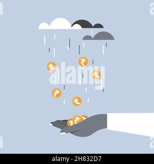 Konzeptionelle Illustration des Regenens von indischen Rupien-Münzen und einer Hand, die sie einsammelt. Stock Vektor