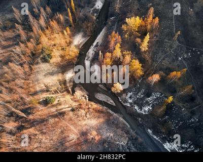 Luftaufnahme des Bergflusses im herbstlichen gelben Wald. Foto aufgenommen mit Drone Stockfoto