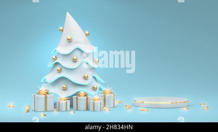 Eine zarte abstrakte Illustration des Laufstegs zu Weihnachten und Neujahr mit einem weißen Weihnachtsbaum, der mit goldenen Kugeln und Geschenken geschmückt ist. Festlich Stockfoto