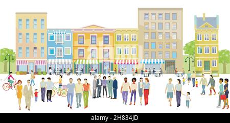 Menschen Freizeit in einer Stadt mit Restaurants und Bistros, Illustration Stock Vektor