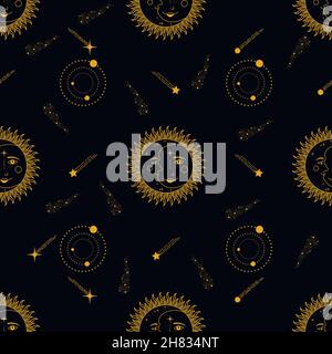 Mond, Sonne und Sterne. Nahtloser Hintergrund. Vektorgrafik. Stock Vektor
