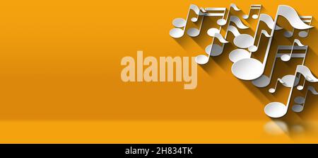 3D Illustration einer Gruppe weißer Musiknoten auf orangefarbenem und gelbem Hintergrund mit Schatten, Reflexionen und Kopierraum. Stockfoto