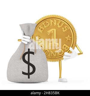 Golden Loyalty Program Bonus Münze Person Charakter Maskottchen mit gebunden Rustikale Leinwand Leinengeld Sack oder Geldbeutel mit Dollar-Zeichen auf weißem Hintergrund Stockfoto