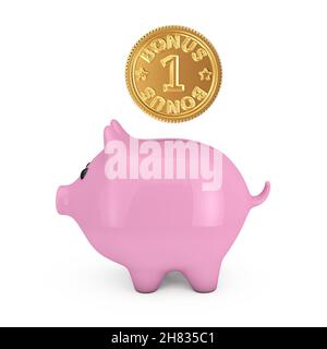 Golden Loyalty Program Bonusmünze mit Pink Piggy Bank auf weißem Hintergrund. 3D Rendering Stockfoto