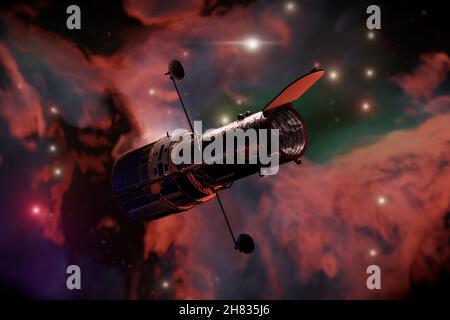 Silhoette des Weltraumteleskops Hubble im Freiraum extreme Nahaufnahme. 3D Rendering Stockfoto