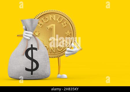 Golden Loyalty Program Bonus Münze Person Charakter Maskottchen mit gebunden Rustikale Leinwand Leinen Geld Sack oder Geldbeutel mit Dollar Zeichen auf einem gelben Backgroun Stockfoto